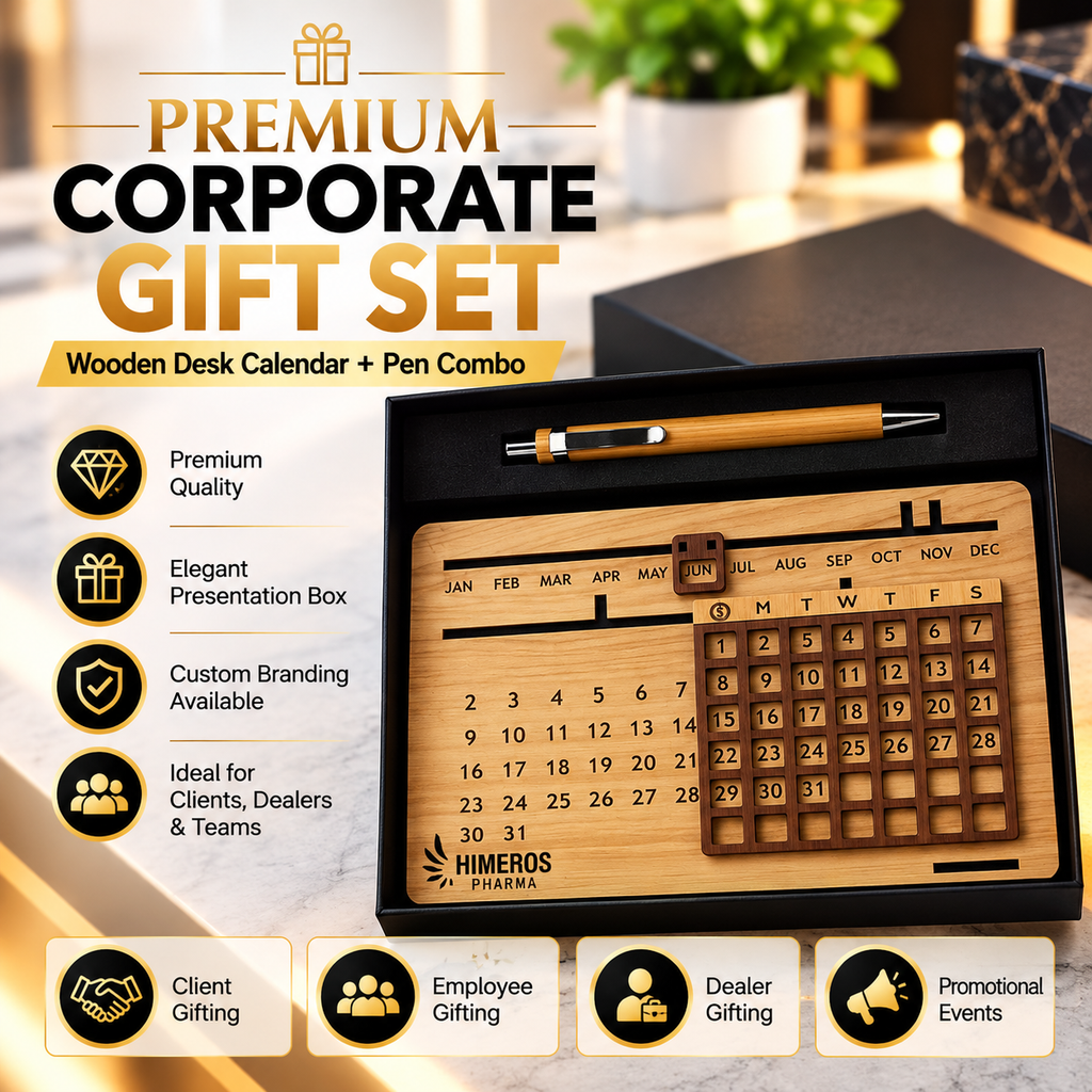 Executive Wooden Desk Calendar & Pen Gift Set