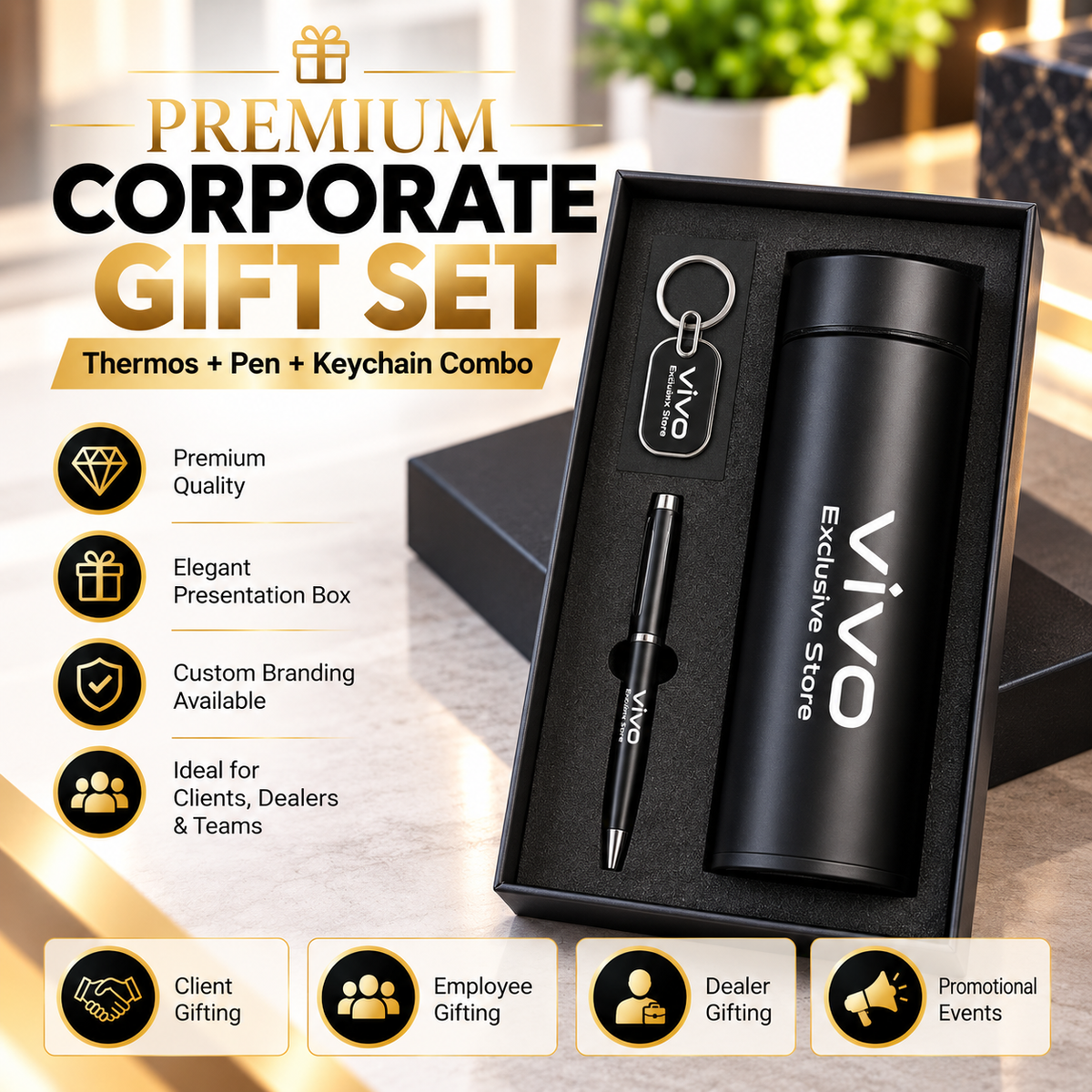 Executive Thermos, Pen & Keychain Gift Set
