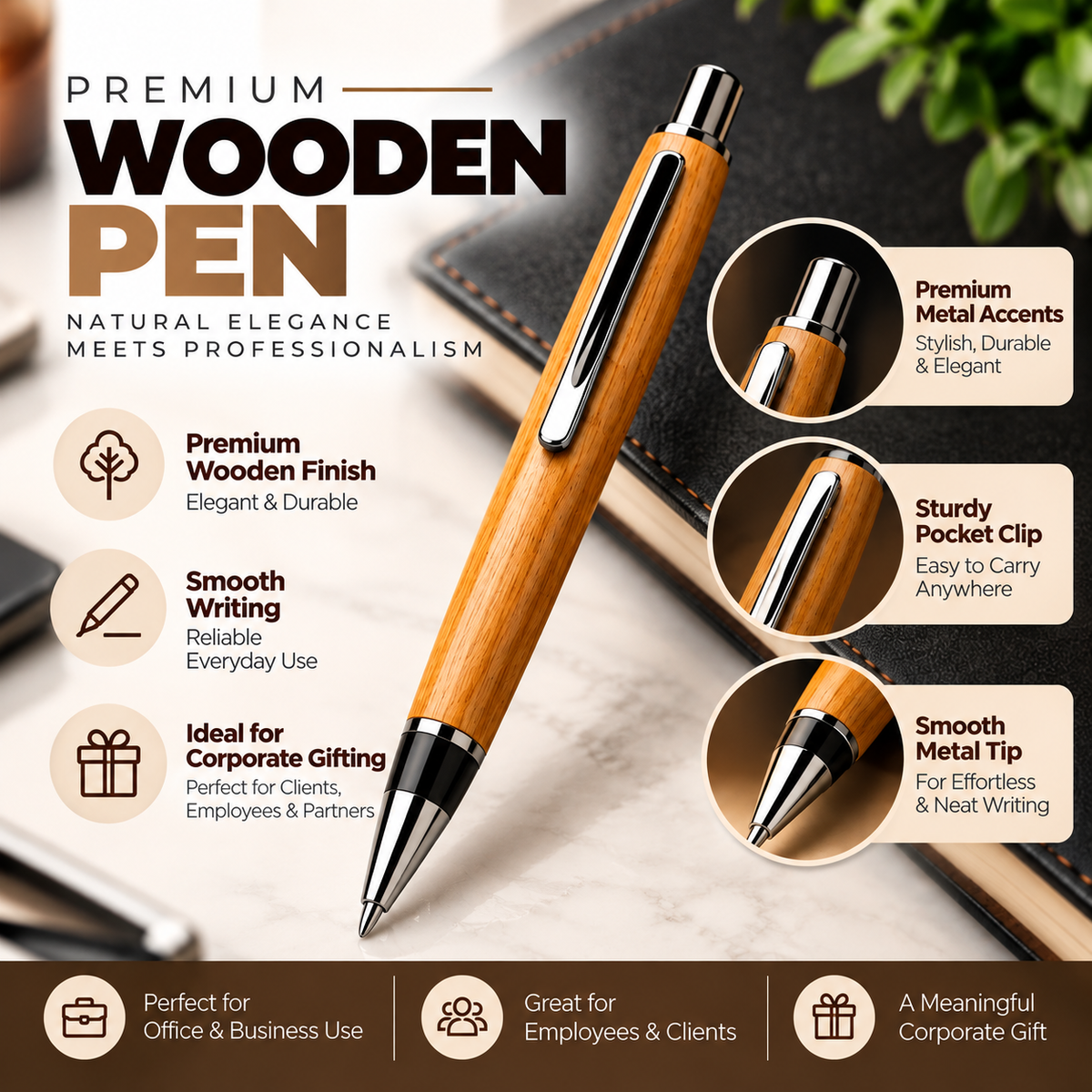 Executive Wooden Desk Calendar & Pen Gift Set