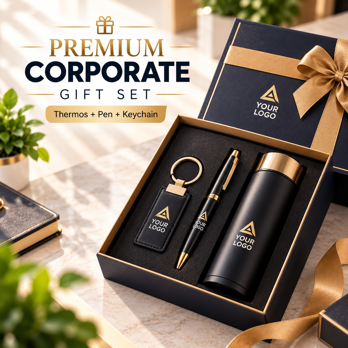 Executive thermos, pen and keychain gift set