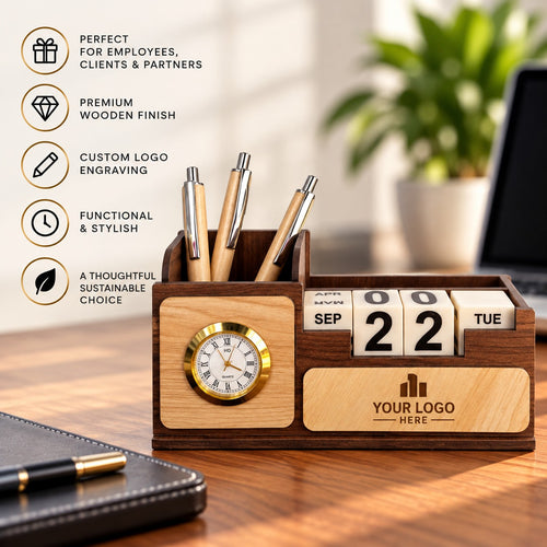 Wooden Desk Organizer Clock Calendar
