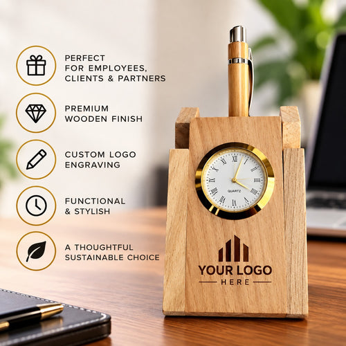 Wooden Desk Clock & Pen Stand